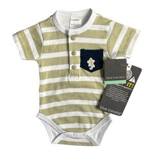 Kushies Blue Banana Short Sleeve Bodysuit Green White Stripes Snaps -New Born